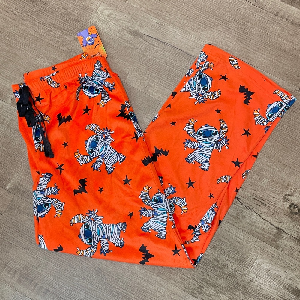NEW Disney Stitch Mummy Halloween Orange Plush Pajama Pants Womens‎